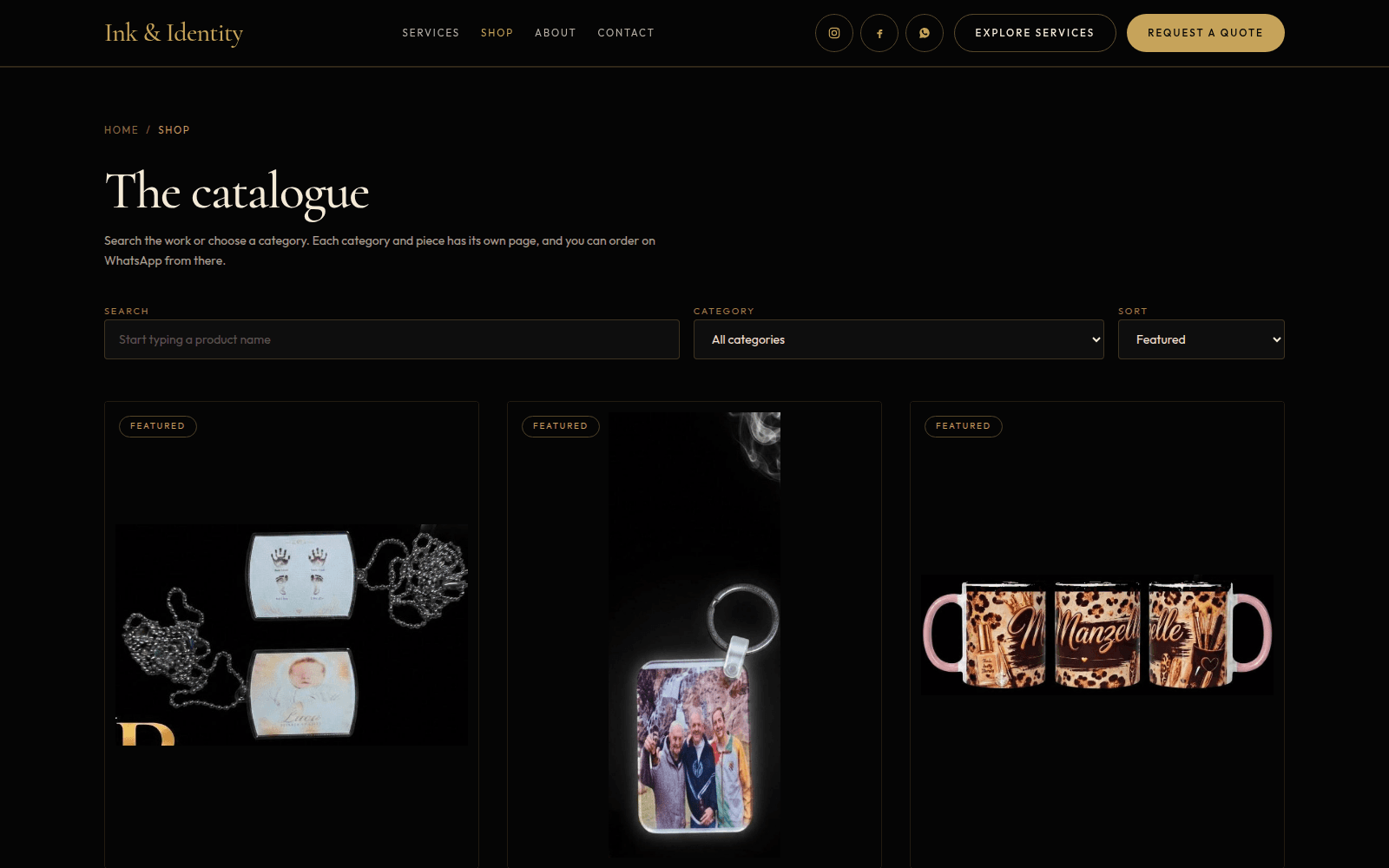 Ink & Identity product catalogue on desktop