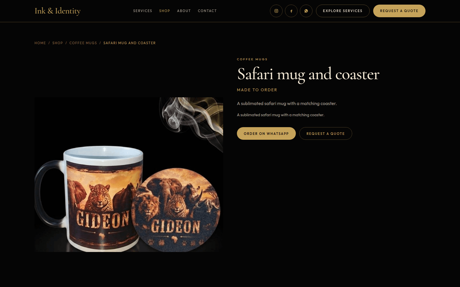 Ink & Identity Safari mug and coaster product page on desktop